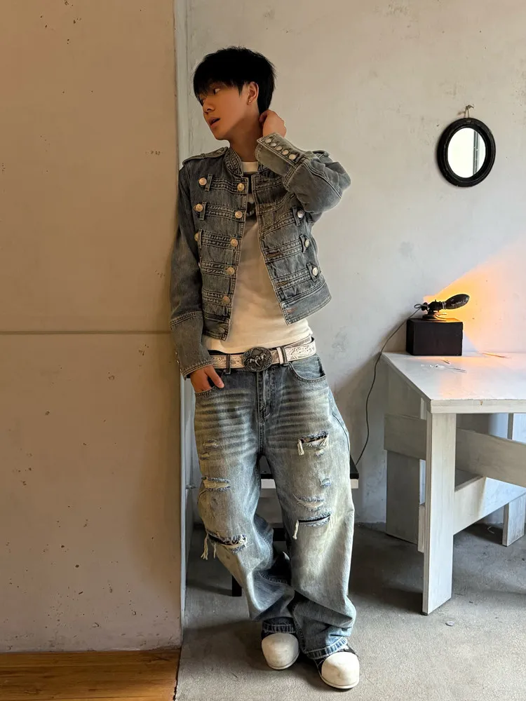 Retro American Street Leopard Patchwork Jeans Men's Loose Straight Leg Design Sense Washed Casual Pants Comfortable Fit