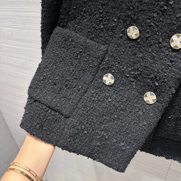 Brand New 2023 Autumn Winter Fashion Women High Quality Wool-blend Double-breasted Black Tweed Coat Pockets Blazers Jackets C579