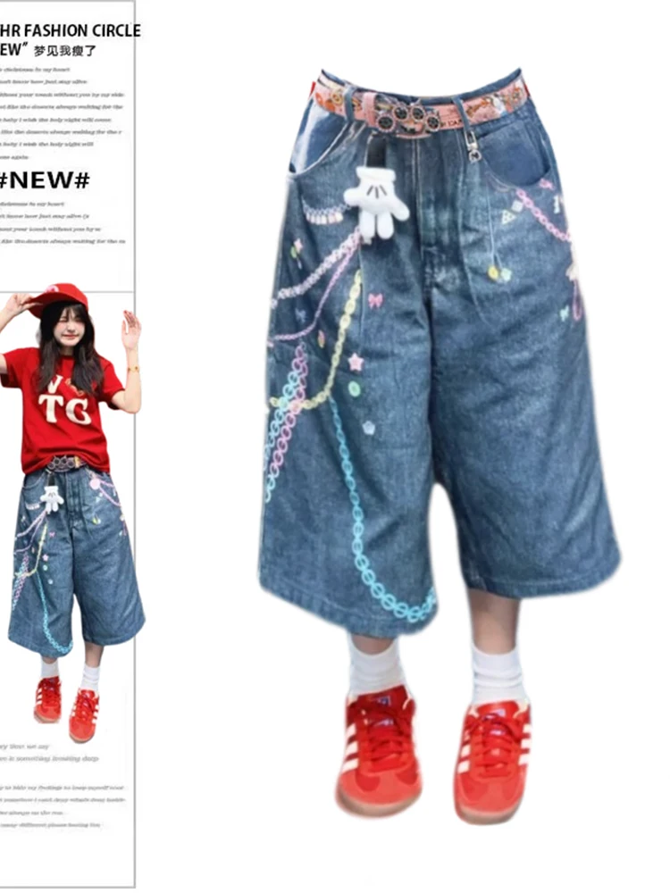 

Summer Women Tomboy Korean Jorts Printing Denim Shorts Japanese Harajuku Jean Cowboy Pants 2000s Shoujo Kpop Tide Y2k Grunge