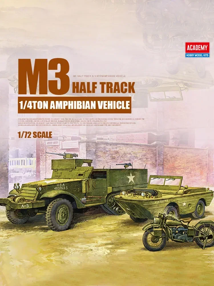 Kit de modelo ensamblado de Academia 13408 American M3 Half Track y vehículo anfibio de 1/4 tonelada, escala 1/72