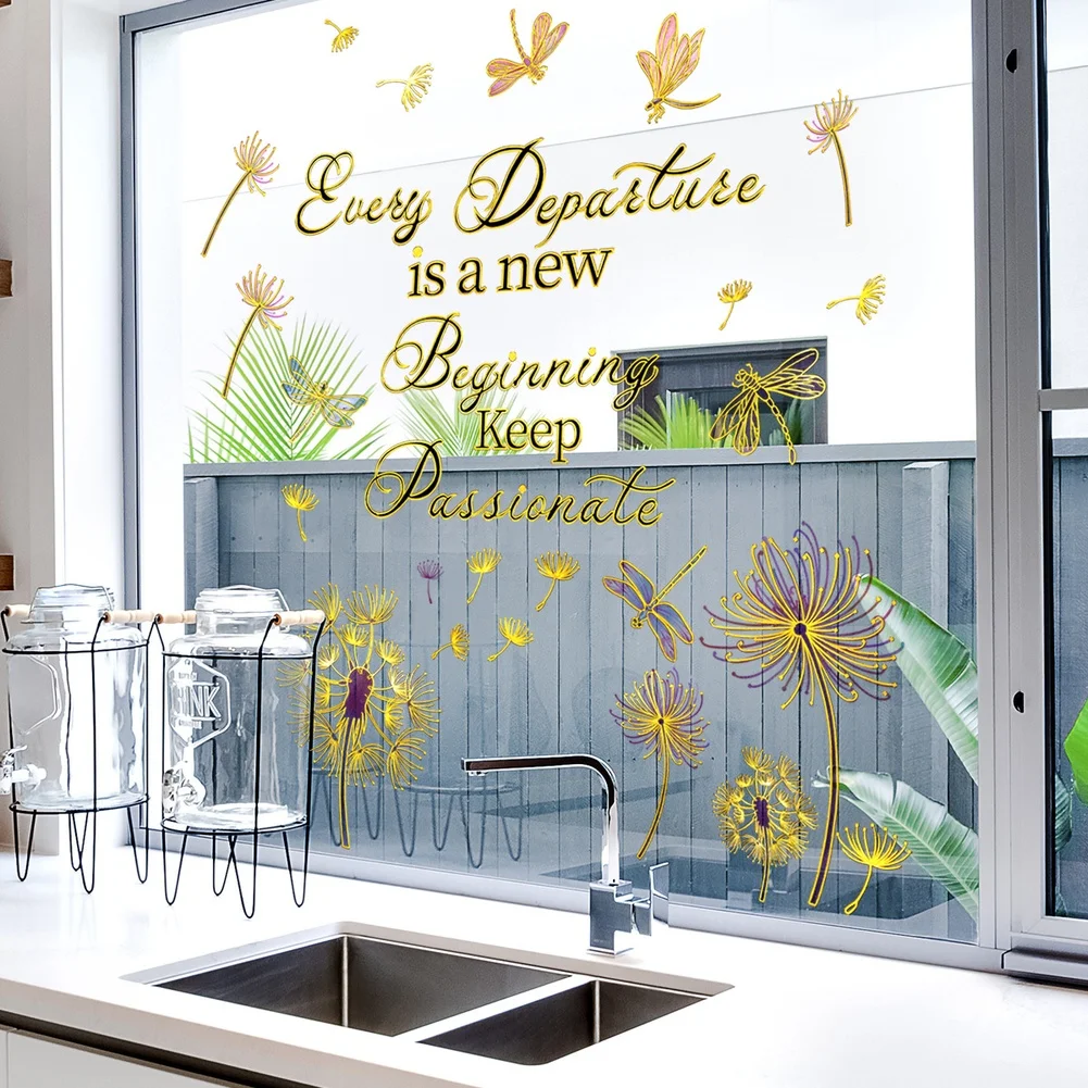 Contemporary Wall Sticker with Hand Painted Dandelion Pattern Highlighted by Gold Foil for Home Interior Styling