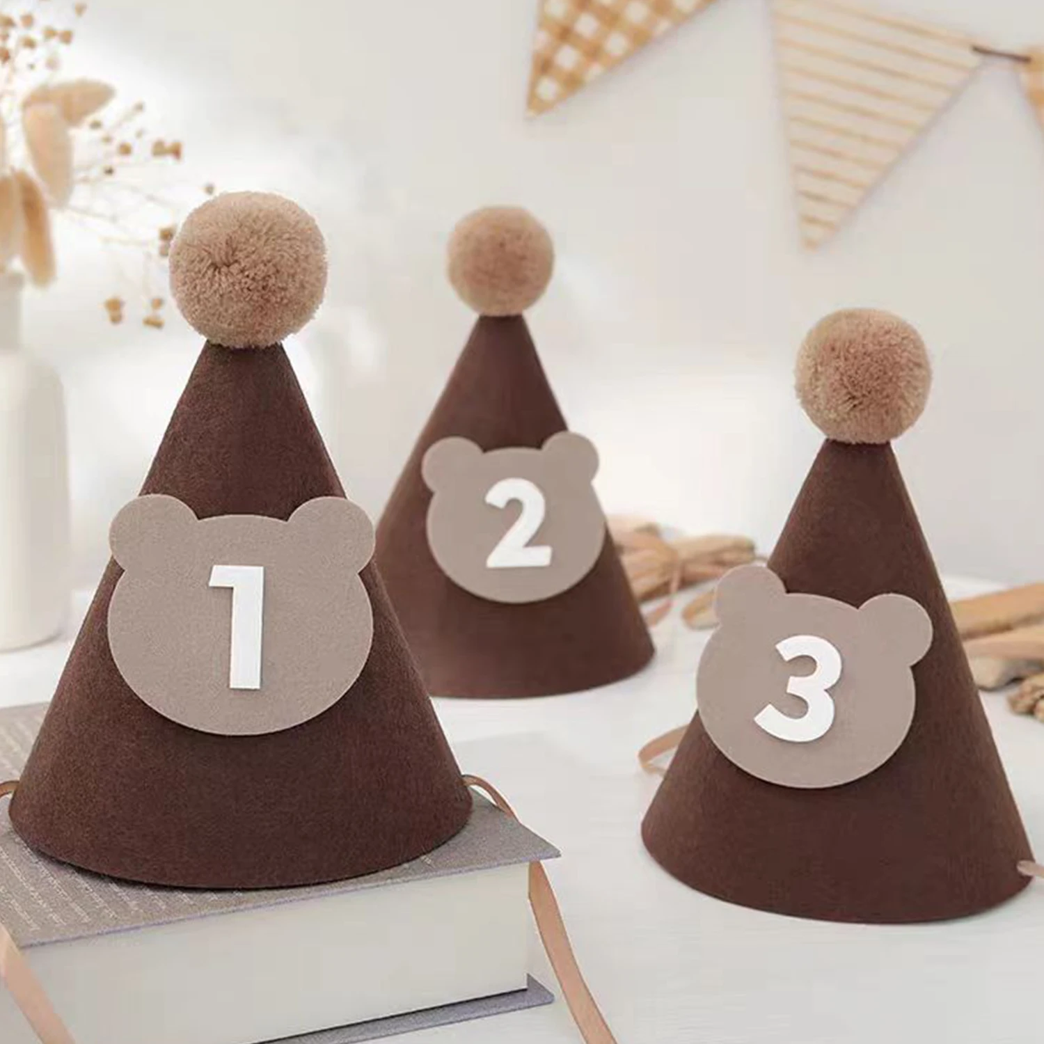 Birthday Hat Kids Brown Coffee Bear Hat 1st 2nd 3rd Year Old Baby Cap The First One 2 3 Year Birthday Party Supplies Photo Props