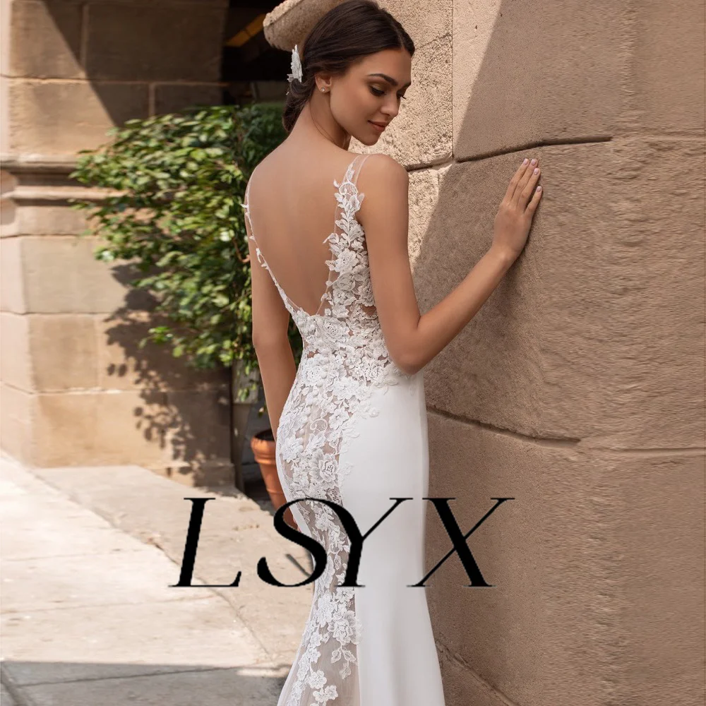 LSYX Deep V-Neck Sleeveless Appliques Mermaid Wedding Dress Elegant Open Back Floor Length Bridal Gown Custom Made