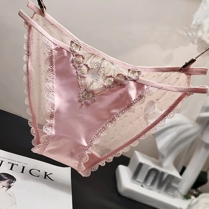 Sexy Lace Underwear Female Strap Hollow Out Embroidery Panties Summer Low Waist Briefs Transparent Satin Mesh Triangle Pants