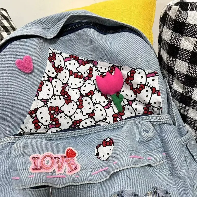 MBTI-Mochila Vintage Hello Kitty para Mulheres, Moda Denim, Estudantes Patchwork, Sacos Estéticos Femininos, Y2k, Harajuku, Universidade