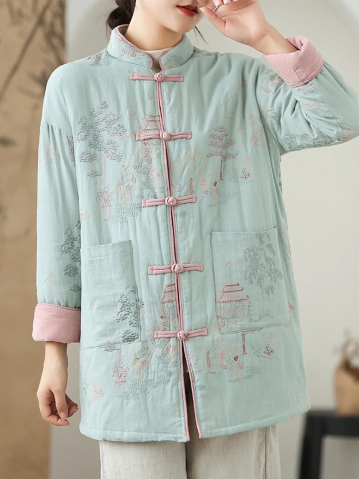 

New Chinese Sle Cotton Jaet Mid-Length Stand Collar Retro Button Women's High-End Feel Autumn Winter New Arrival