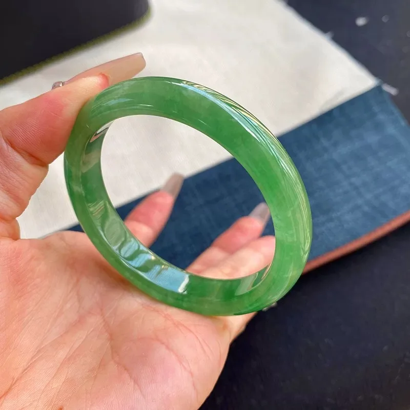 Myanmar Old Mine Icy Waxy Imperial Jadeite Bracelet for Women, Bright Green with Flower Pattern