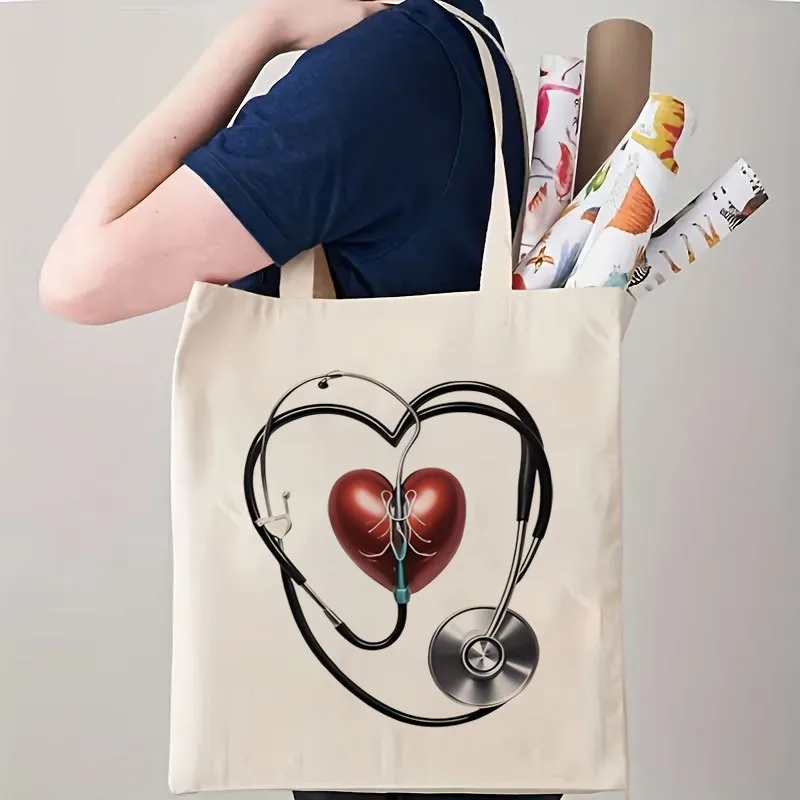 1pc Printed Canvas Bag, Medical Heart Stethoscope Design, Unisex Breathable Trucker Bag, Portable White Crossbody Bag with Closu
