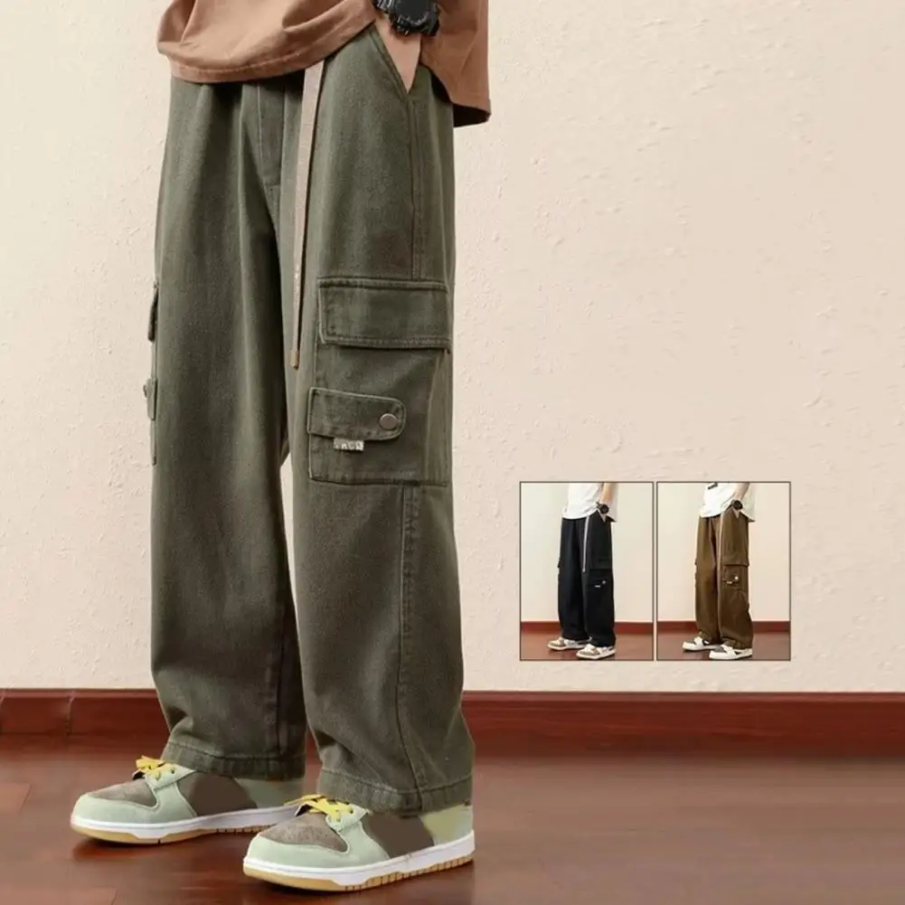 Men Pants Vintage Loose Men's Cargo Pants with Elastic Waist Multi Pockets Strap Decor Soft Breathable Streetwear for Daily