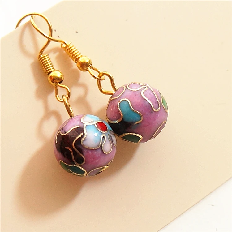 Cloisonne 12mm Round Ball Beads Earrings Women Fashion Accessories Enamel Jewelry Chinese intangible cultural heritage