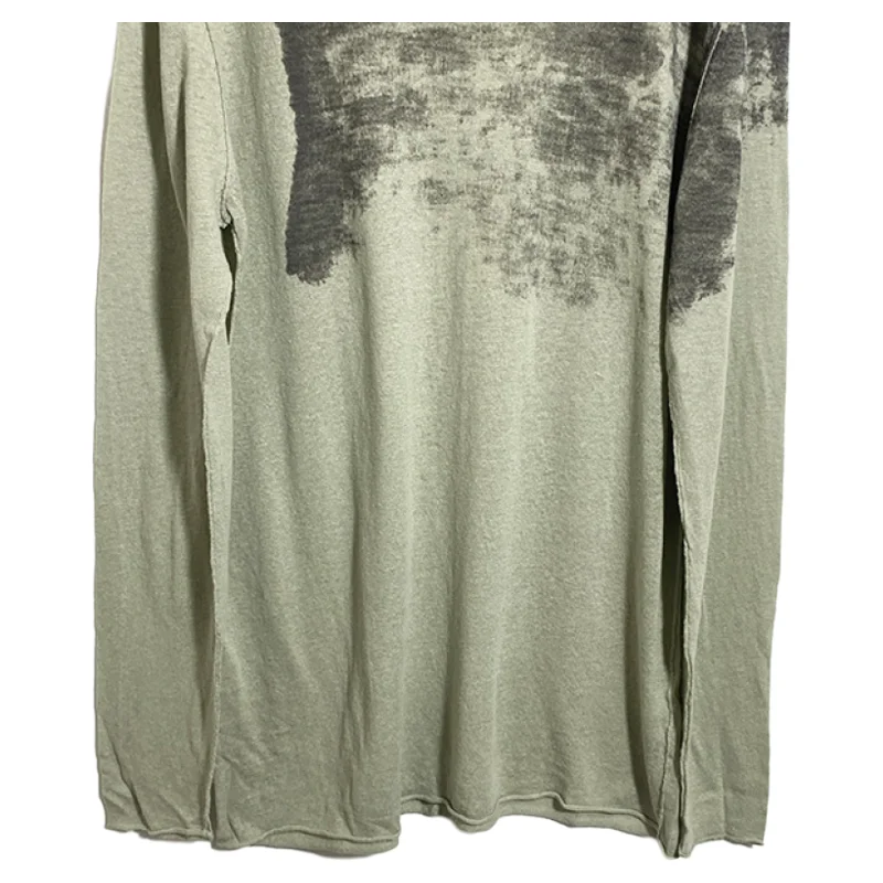 メンズニット綿麻混紡カジュアルトップ、ロールエッジリバースステッチ、快適で通気性のある長袖ラウンドネック