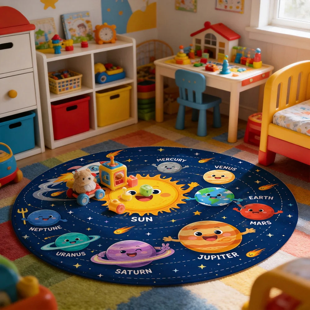 Kids Solar System Planets Rug Nursery Mat Educational Stars Sun Earth Moon Jupiter Saturn Uranus Neptune Activity Playroom Floor