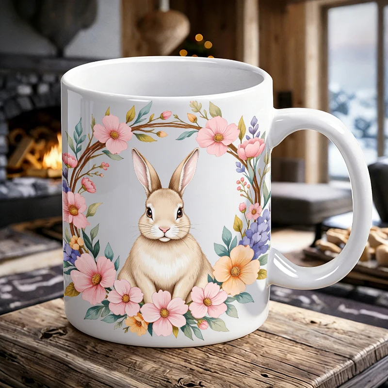 

1PCS Easter Bunny Wreath Ceramic Cup, Coffee Cup, Milk Cup, Office Tea Cup, Drinking Cup, Fade-Resistant, Gift for Friends