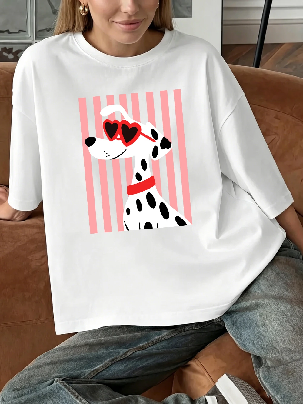 Herzförmige Sonnenbrillen Dalmatiner-Hundemotiv T-Shirts Damen Baumwolle Sommer Übergroße Oberteile O-Ausschnitt Kurzarm-T-Shirts Weiche Streetwear – Detail 12