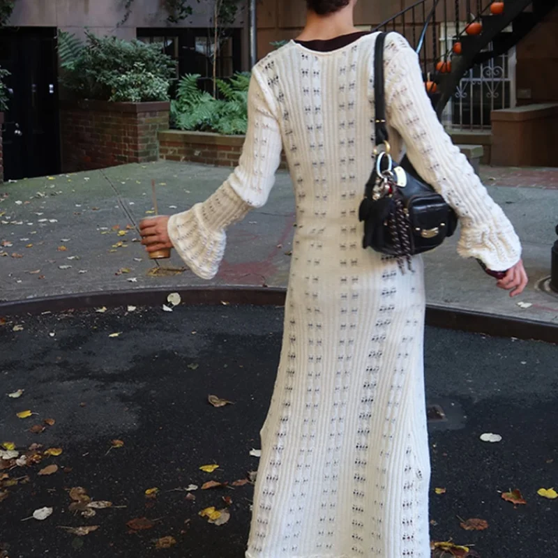 

Women Elegant Hollow Out Long Knitted Coats Ruffled Edged Flared Sleeve Lazy Style Cardigan New Single Breasted Lady Sweater