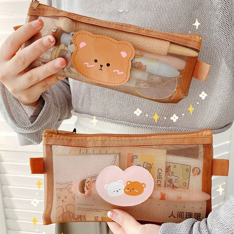 Transparent Mesh Pencil Case Cute Bear Brown Pouches Stationery Student Pencil Bag Large Capacity Storage Kawaii Bag