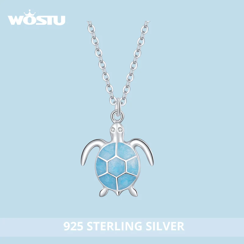 WOSTU 925 Sterling Silver Blue Sea Ocean Turtle Necklace Cute Animal Long Chain Link Necklace For Women Fashion Jewelry CQN446