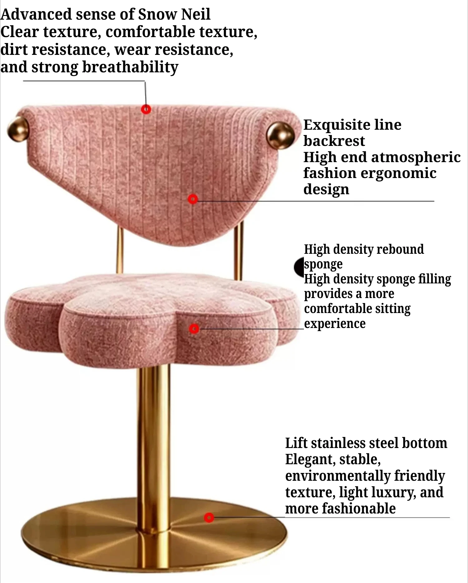 Flower Rotatable Vanity Chair Velvet Backrest Gold Metal Leg Adjustable Height Makeup Stool Decor Luxury Dressing Chair Bedroom