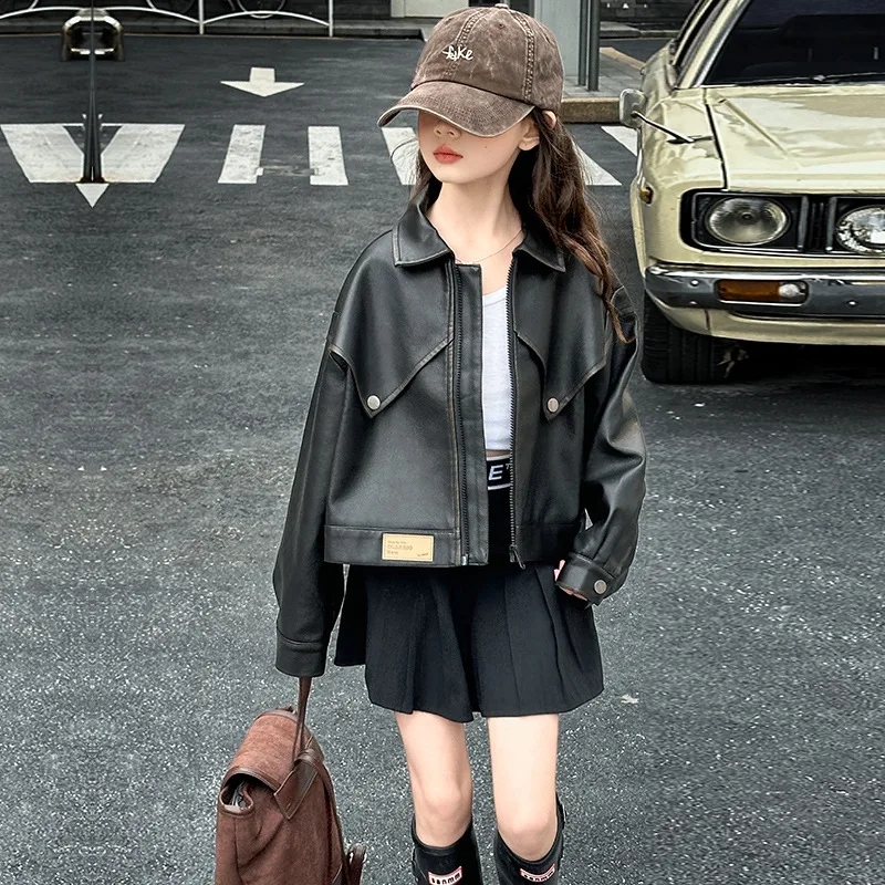 패션 십대 소녀용 모터사이클 가죽 재킷 캐주얼 라펠 PU 아우터웨어 어린이 의류 블랙 브라운 봄 가을 코트 4-14세