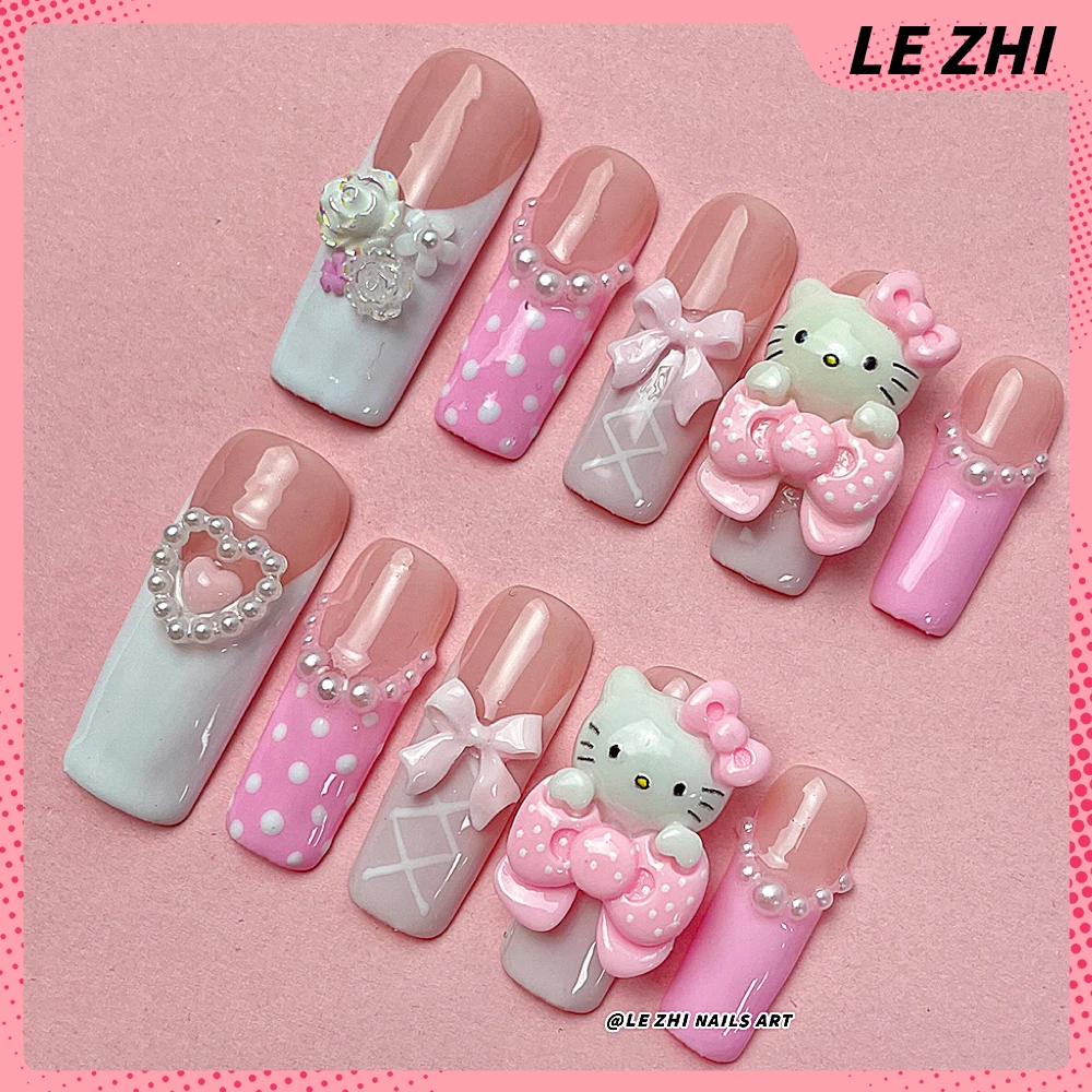 French Pearl Ballet Dancer Hello Kitty unghie artificiali a copertura totale 3D Stereo Rose Bowknot Long Square Kawaii Pink unghie fatte a mano