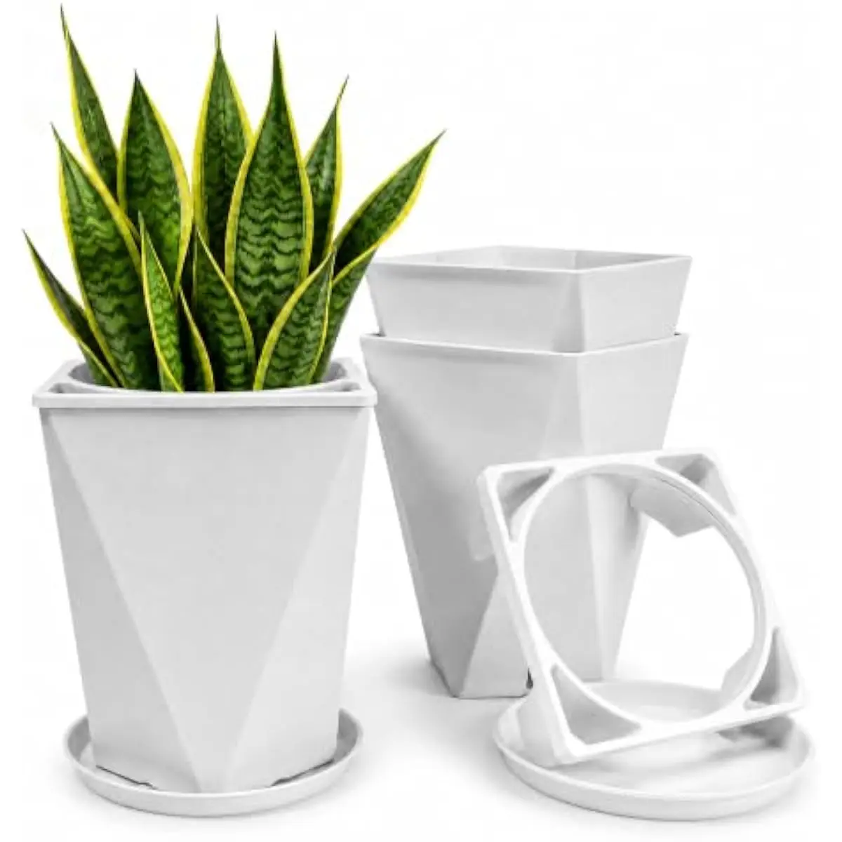 Three-tier geometric planter ensemble featuring angular white plastic vessels measuring eleven point four inches in height with