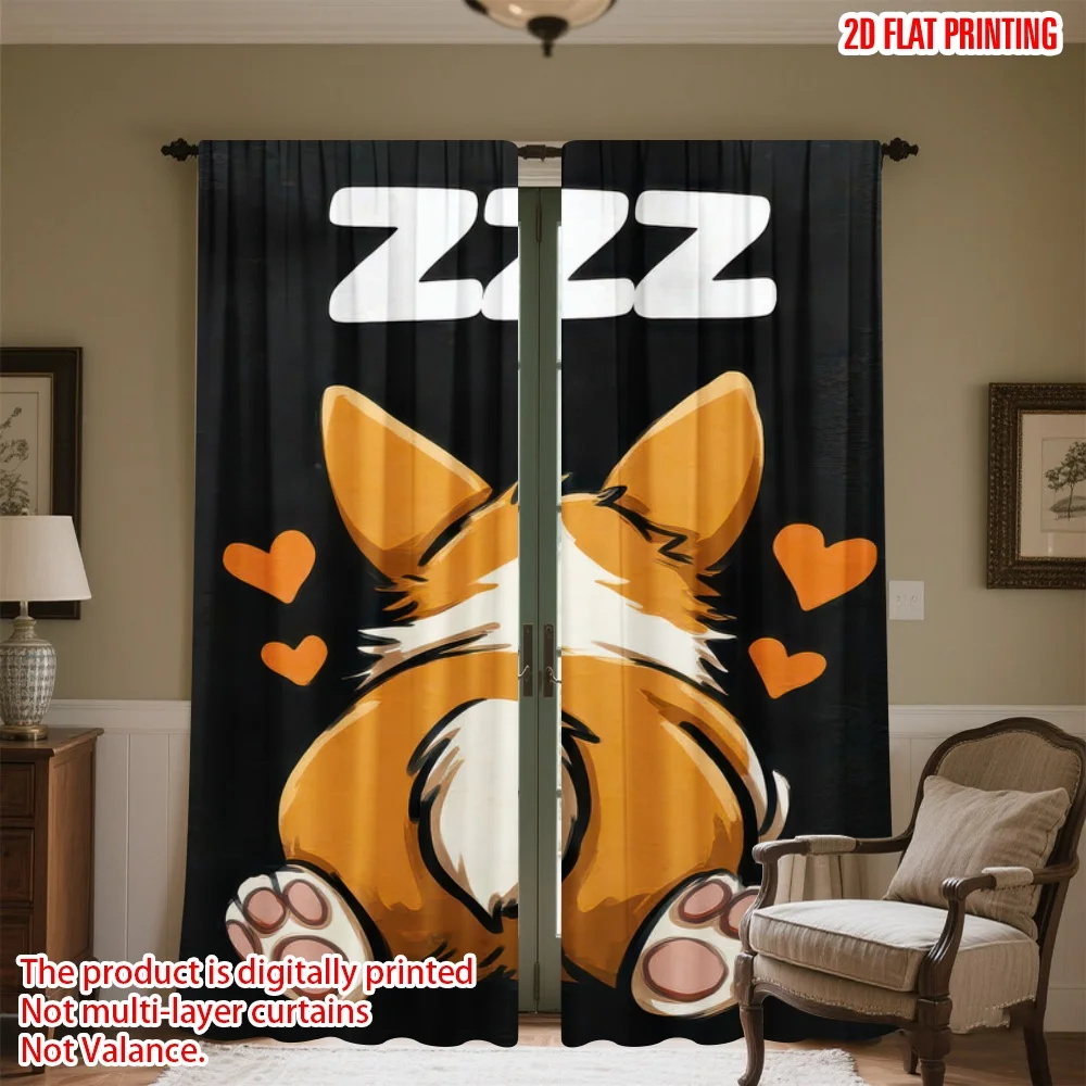 

2D flat printing 2pcs Drapes Sleeping Dog with Hearts Digital Printed Polyester Drapes Holiday Decorations Perfect for All