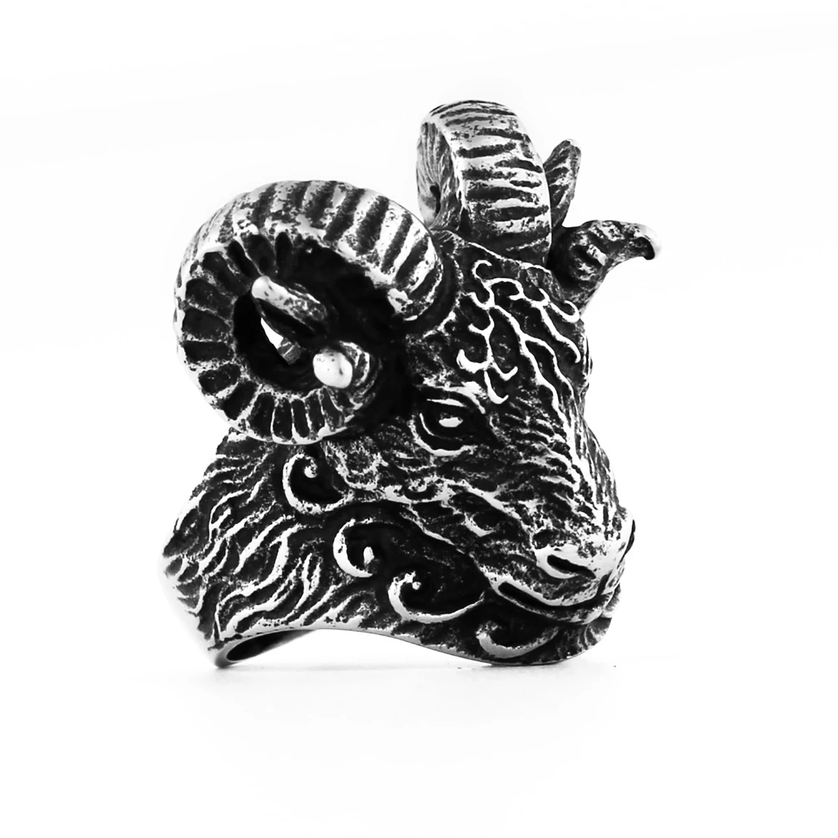 Stainless Steel Vikings Rune Goat Ring Men\'s Quality Handmade Punk Hip Hop Finger Jewelry Animal Head Ring for Boyfriend Gift