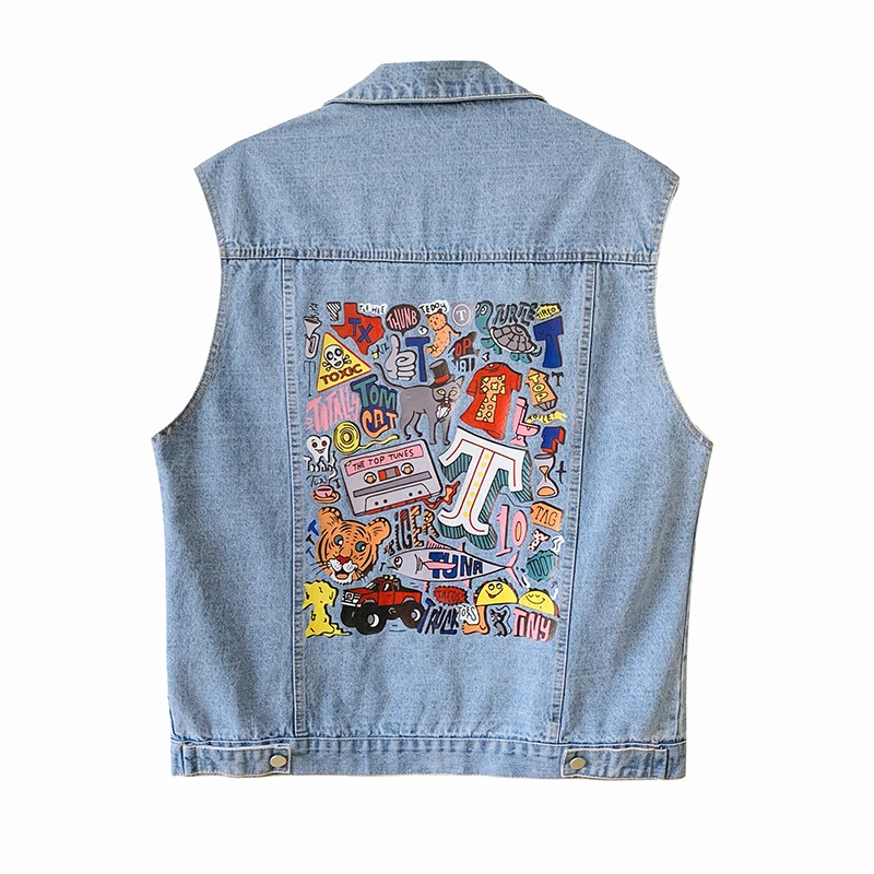 

Women's Printed Ripped Denim Vest Korean Fashion Cardigan Sleeveless Tops Leisure Coat Waistcoat Spring Autumn Loose Retro A025