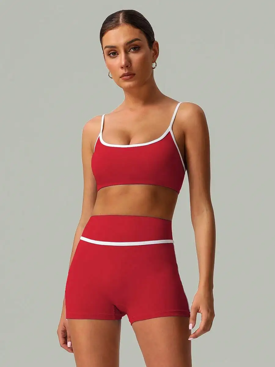 

Red 2 Piece Yoga Sports Bra And Shorts Set For Women