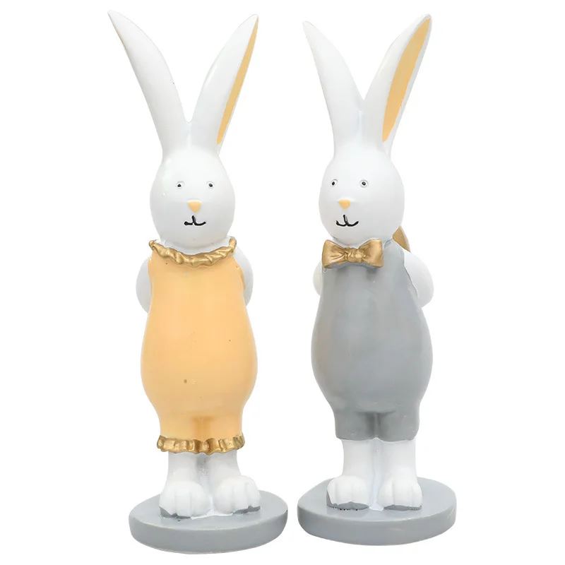 2PCS Resin Cartoon Rabbit Ornaments Gold Color Egg Hand-painted Easter Rabbit Figurine Delicate Animal Model Ornaments for Honme