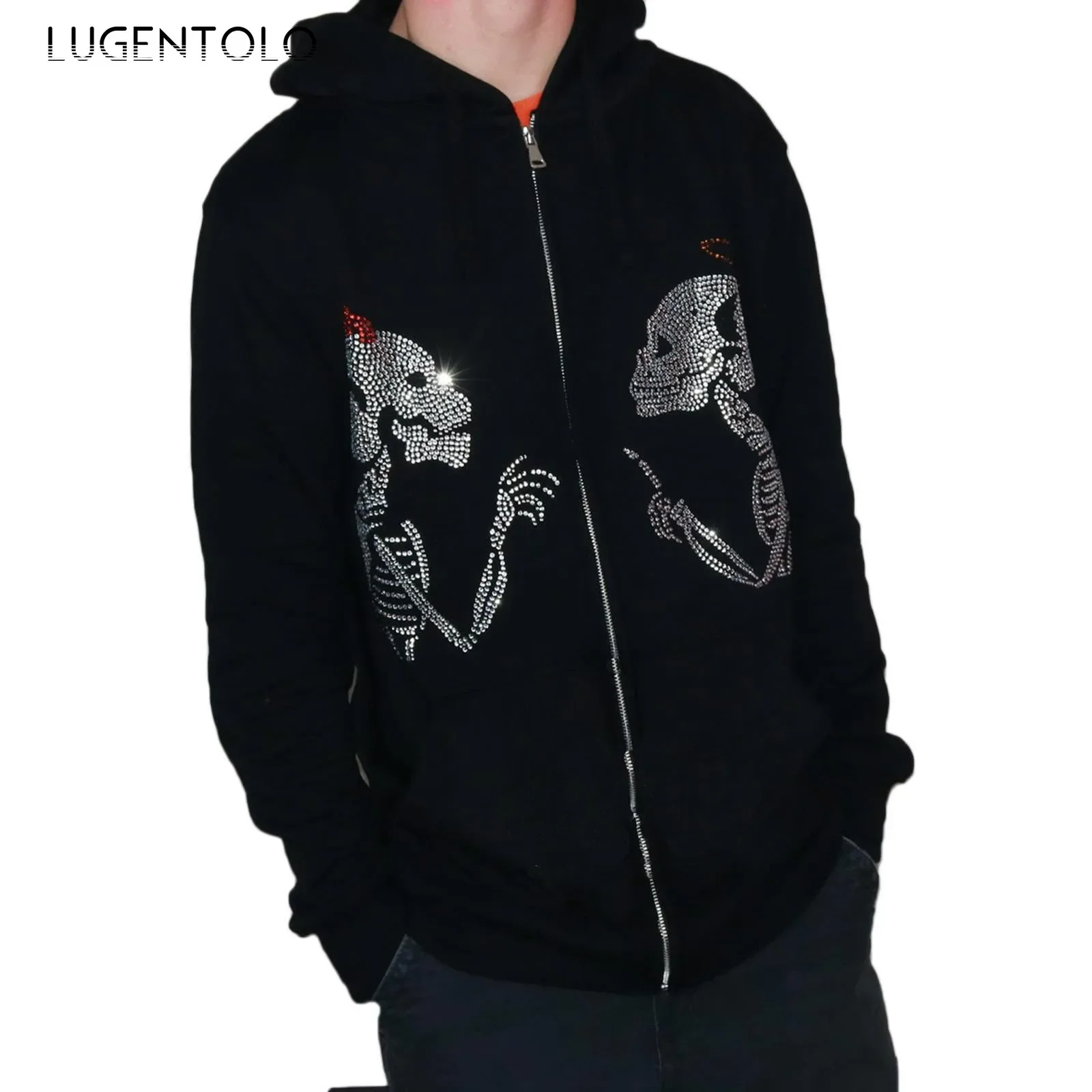 Women Hooded Sweatshirts Fashion Skull Print Rhinestone New Autumn Zipper Men Lady Casual Loose Black Street Clothing