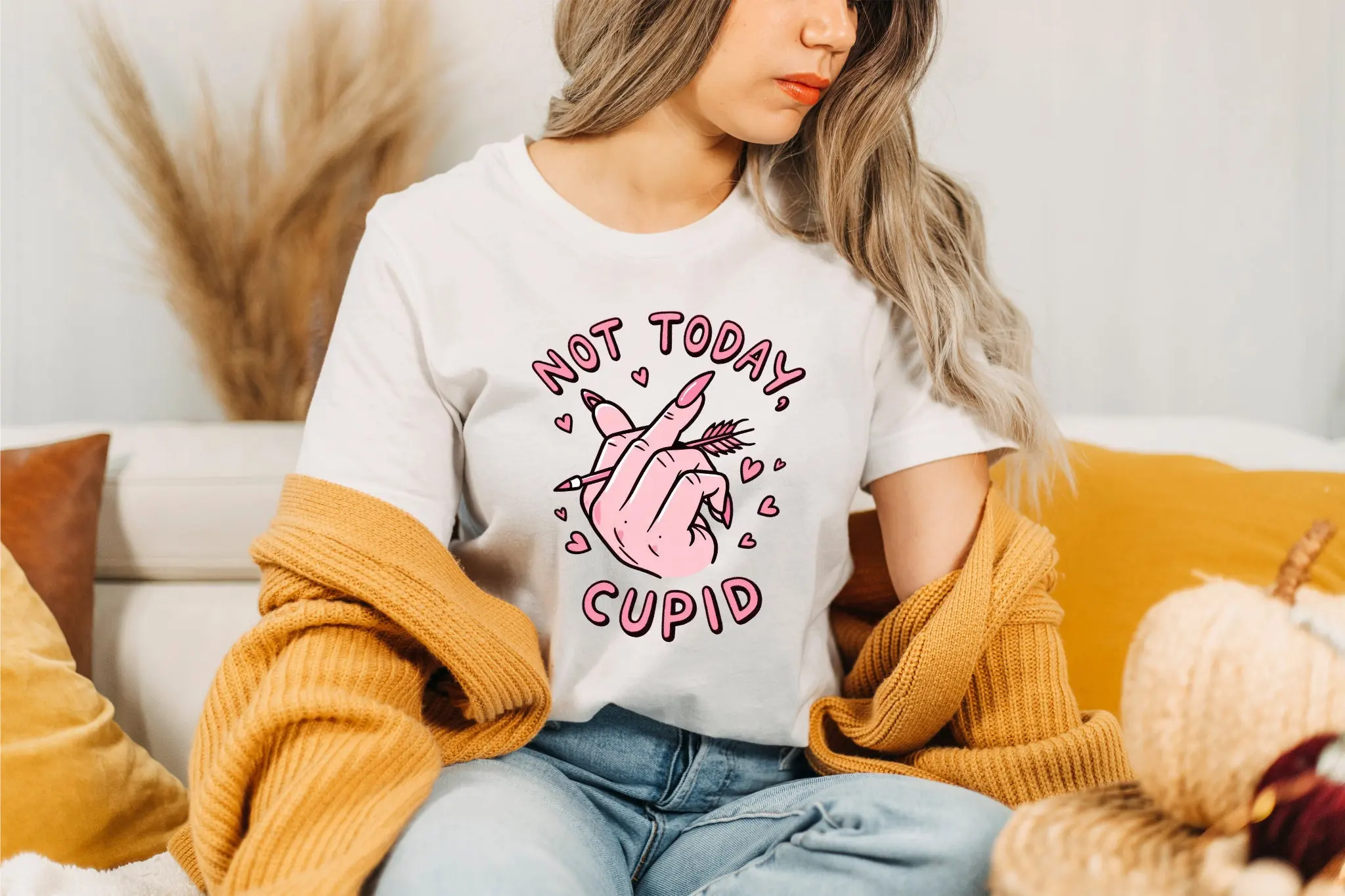 Unique Valentine's Day T Shirt 'Not Today Cupid' Middle Finger Gesture DTG Bold Anti Statement Top