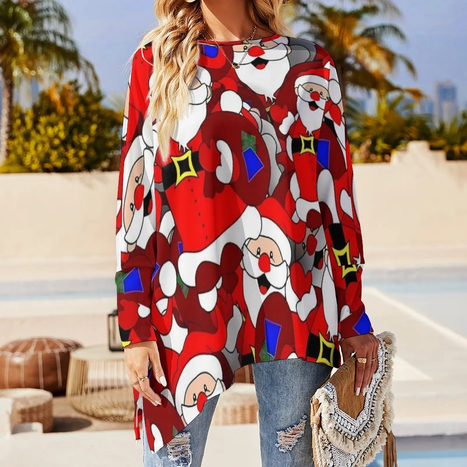 Christmas T Shirts Santa Claus Retro T Shirt Ladies Long Sleeve O Neck Loose Tops Big Size Pattern Tees