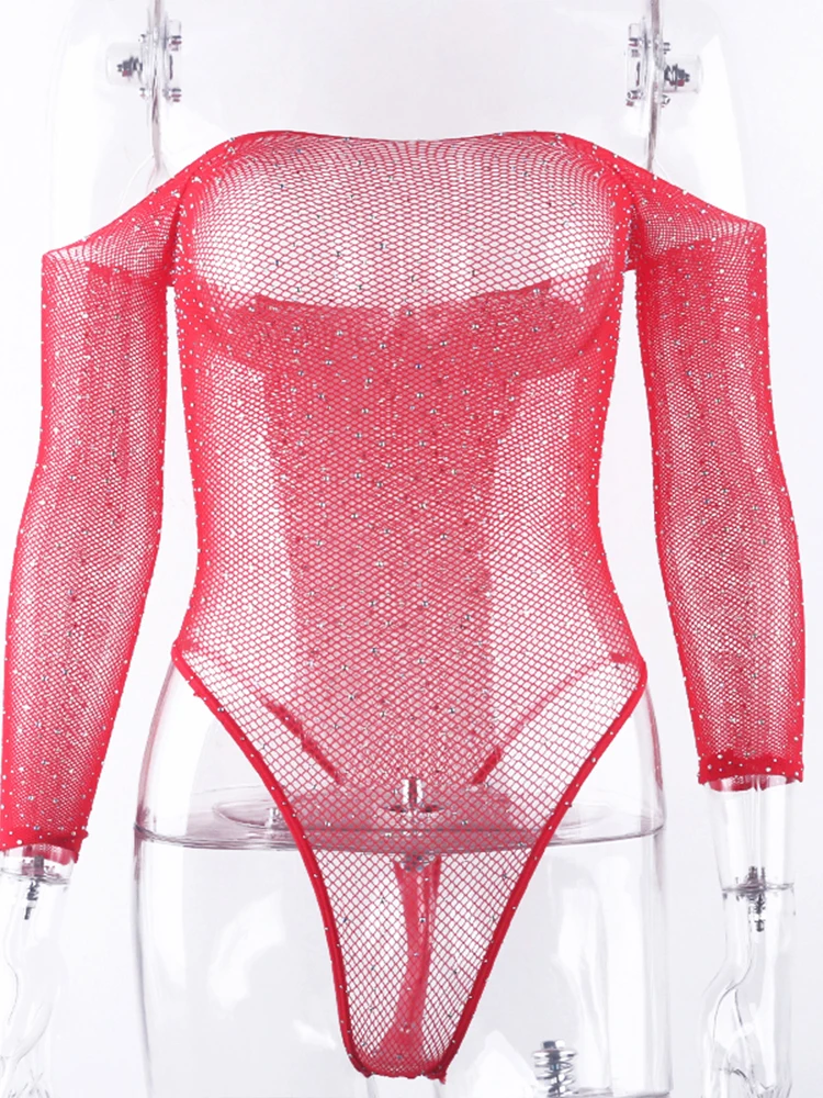 OMSJ Lady Glitter Rhinestones Slash Neck Sexy Bodysuit Fishing Net Mesh Transparent Full Sleeve Backless Slim Club Party Rompers