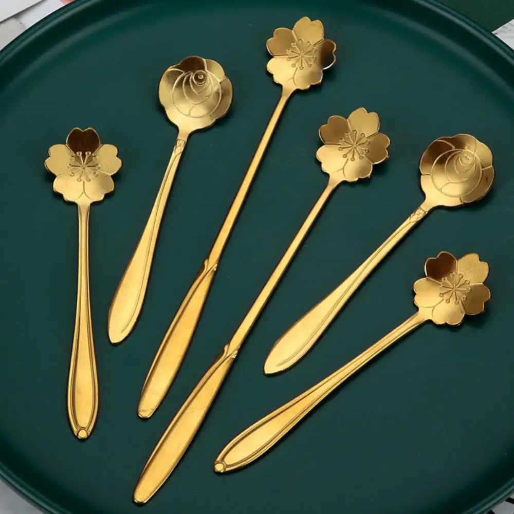 1~10PCS New Flower Spoon Set Small Teaspoon Coffee Spoon Cute Ice Cream Dessert Spoon Silver Gold Stainless Steel Spoon For