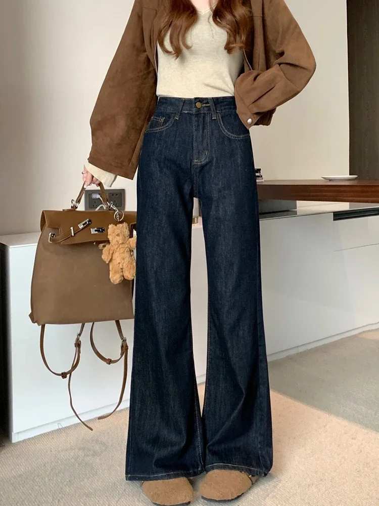 夏新アメリカンレトロ女性ジーンズシンプルなベーシックダークブルー Chicly パンツ女性のファッションストリートカジュアルハイウエスト女性ジーンズ