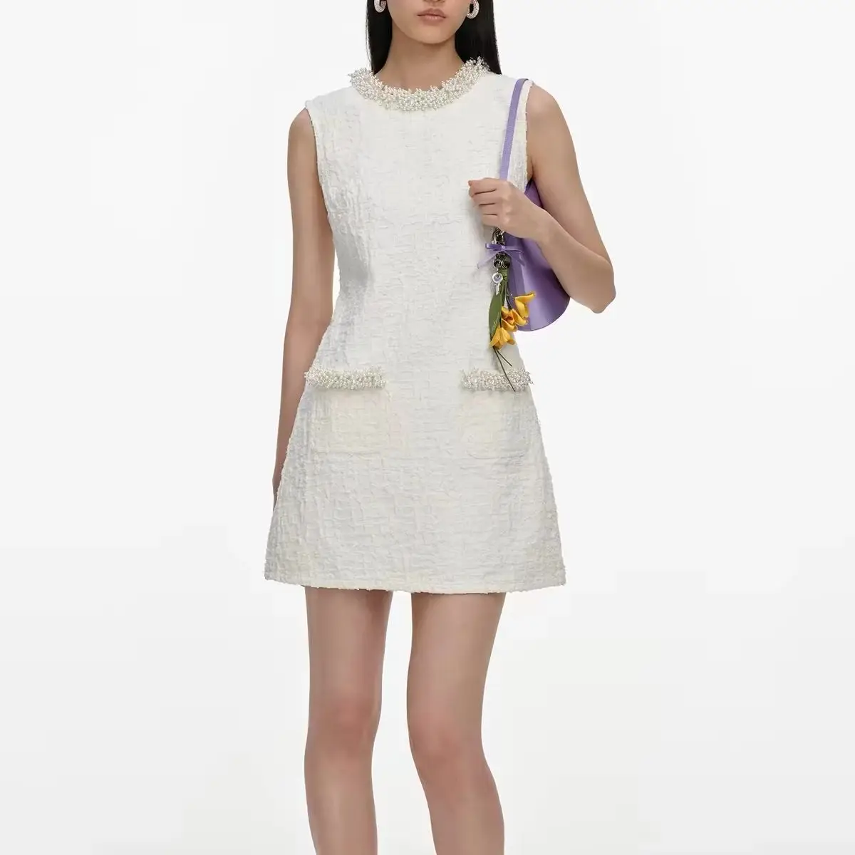 Women White Textured Tweed Mini Dress Pearl Beaded Neck Sleeveless A‑Line Cocktail Dress