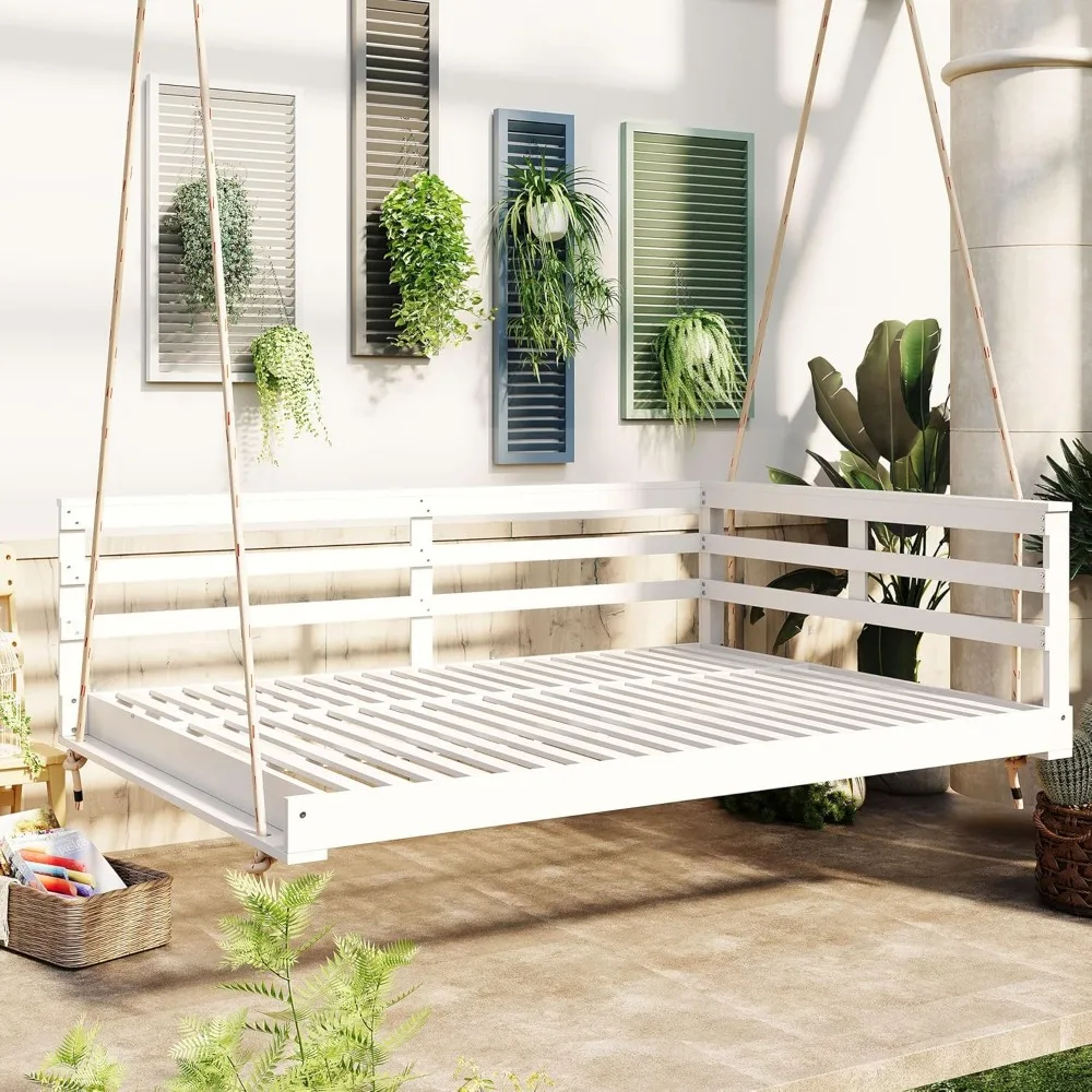 

Acacia Wood Porch Swing Bed, Full Size Patio Hanging Bed with Hemp Ropes for Patio, Backyard, Garden