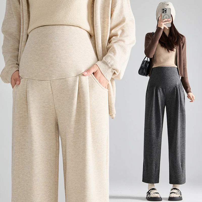 جديد النساء الحوامل البطن واسعة الساق السراويل الشتاء سميكة الدفء مستقيم ملابس أمومة الراحة سراويل تقليدية 4 ألوان