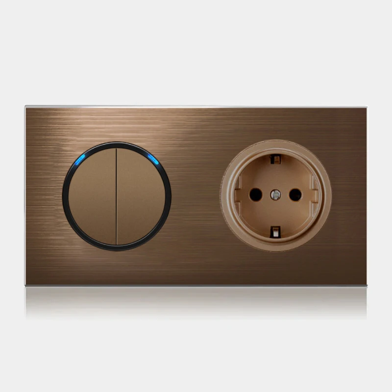 Hoge kwaliteit koffiekleur universele Retro Eu FR 220V wandlichtschakelaar, resetknopschakelaar stopcontact met LED-indicator