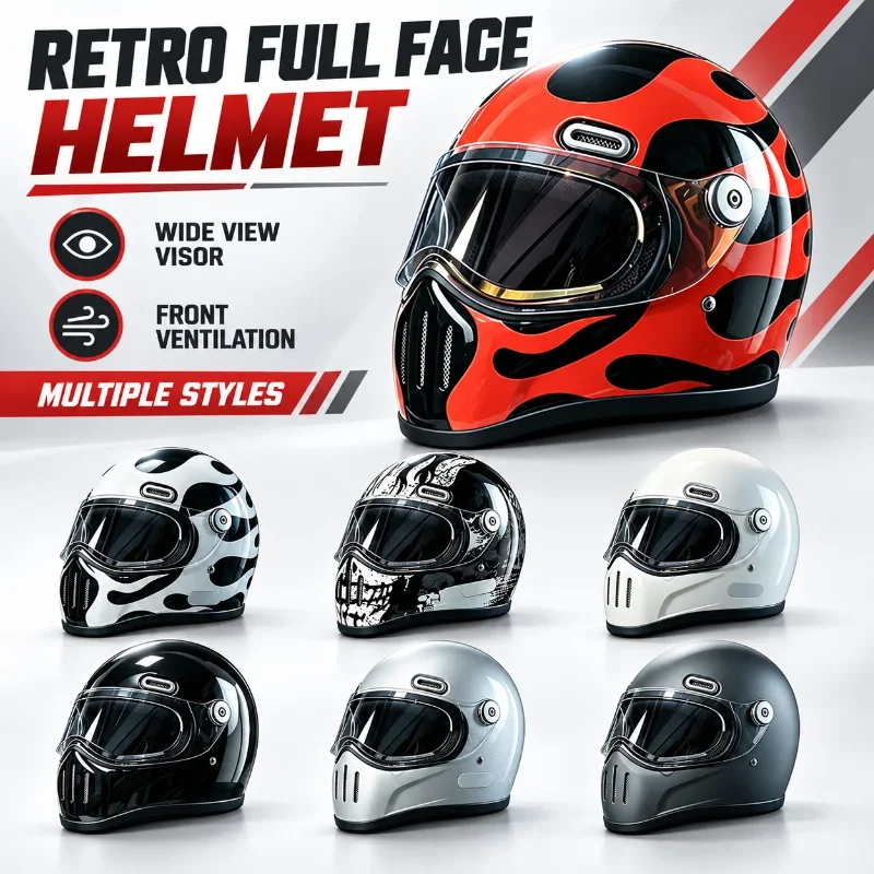 Retro Full Face Motorcycle Helmet All Season Motorbike Riding Helmet with Wide Visor Ventilation for Men Women