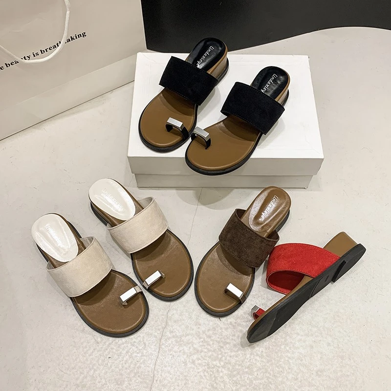 

2025 New French Toe Loop Wedge Sandals - Women's Thick-Soled One-Strap Elevated Flat Slippers for Summer Beach Vacation