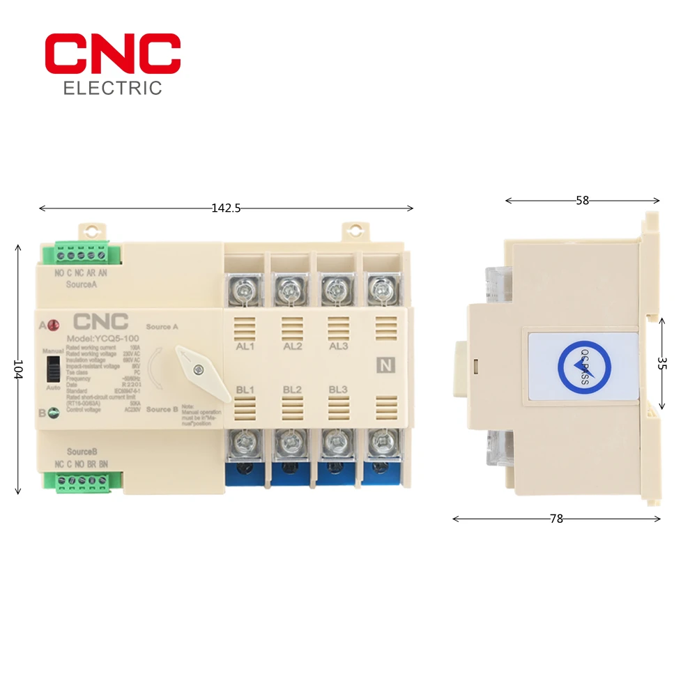 CNC YCQ5-100 4P ATS Dual Power Automatic Transfer Switch Uninterrupted Power Controller 63A 100A