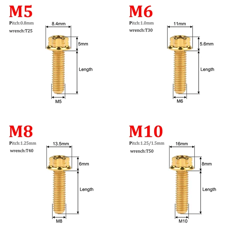 1pc Titanio Ti Bulloni Torx Testa Flangia Vite M6 M8 M10 x 10/15/20/25/30/35/40/45/50/55/60/65/70/75/80/90mm Per Bici Moto