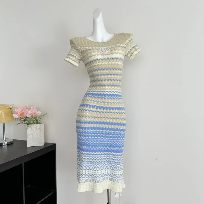 ผู้หญิงฤดูร้อนลายชุดยาวลําลอง Sundress แขนกุด Ribbed ถักเสื้อกันหนาวชุดชายหาดชุด 2025 Vestidos