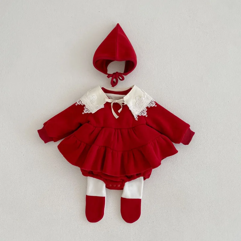 Newborn Baby Princess Girls Plus Velvet and Thicken Red Romper Dress+Leggings+Hat Outfits Suit for Chinese New Year Clothes Sets