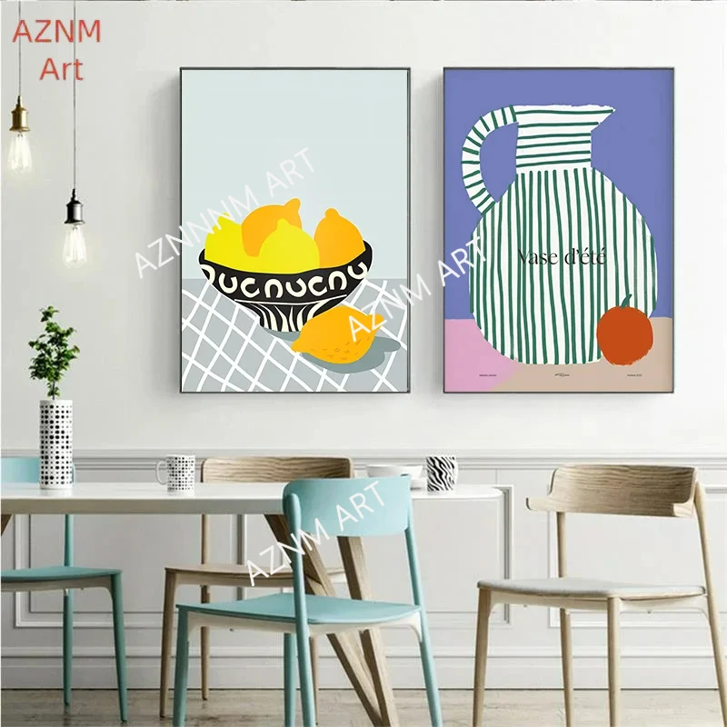 Colorful Cat Cactus Lemon Orange Vase Wall Art Canvas Painting Nordic Posters Prints Abstract Pictures Modern Living Room Decor