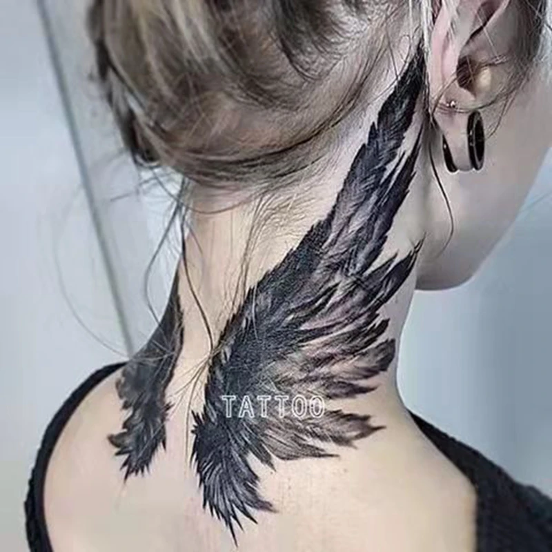 A Pair of Large Wings Tattoo Stickers on The Chest  Back Waterproof Temporary Fake Tattoo Neck Feather Art Tattoos for Men Women