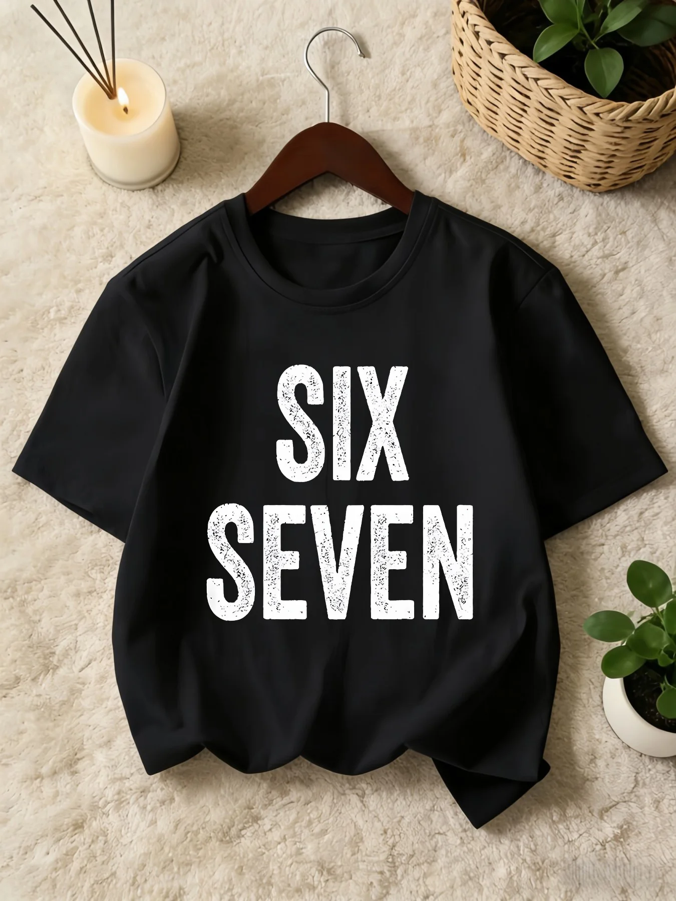 Family Matching Tee Distressed SIX SEVEN Letter Print Short Sleeve Soft Comfort Parent Child Daily Kids Basic Fashion T Shirt