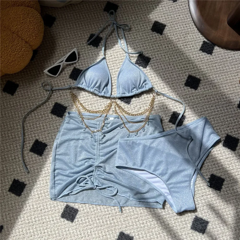 Triangolo con scollo all'americana con stringhe blu lucido, set bikini a vita alta da 3 pezzi, gonna da bagno, copricostume con strass, costume da bagno, costumi da bagno